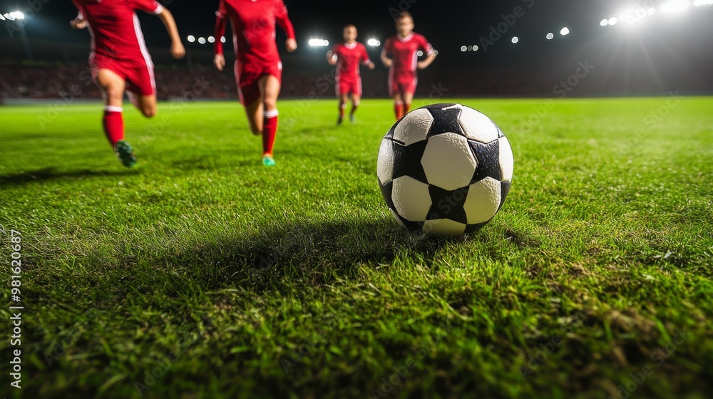 Soccer players running on field toward ball at night Soccer players running on field toward ball at night