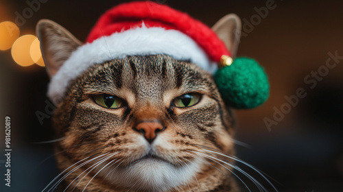 Grumpy tabby cat in a santa hat for christmas with blurred lights in the background