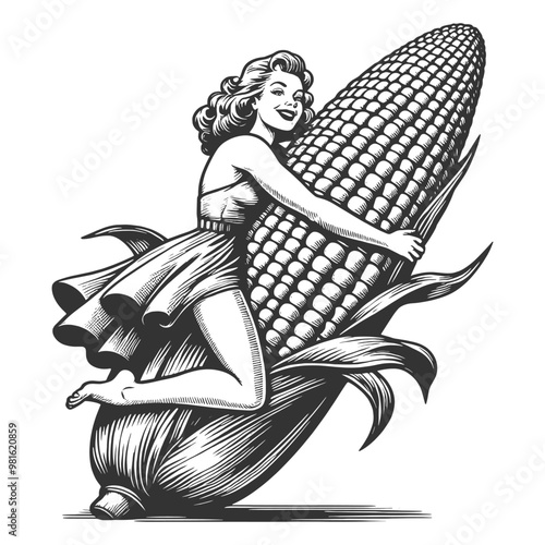 pin-up girl in a dress playfully hugging a giant ear of corn, humor with vintage art sketch engraving generative ai character vector illustration. Scratch board imitation. Black and white image.