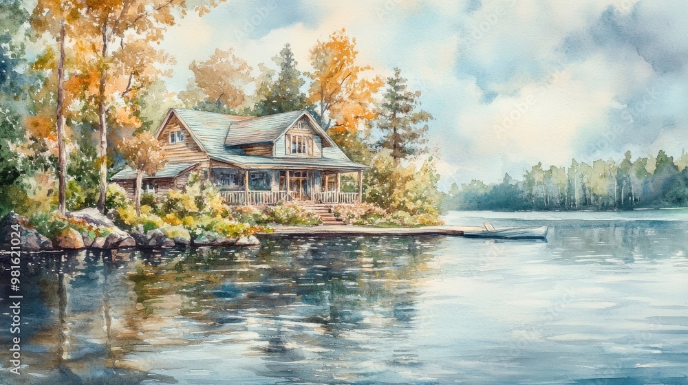 Fototapeta premium Waterfront cabin, lake, trees, and boat.