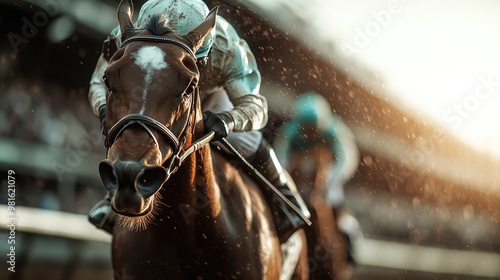 A dynamic front view of a racehorse, with the jockey fully focused, galloping at high speed on the track, highlighting the powerful and majestic nature of the horse and rider.