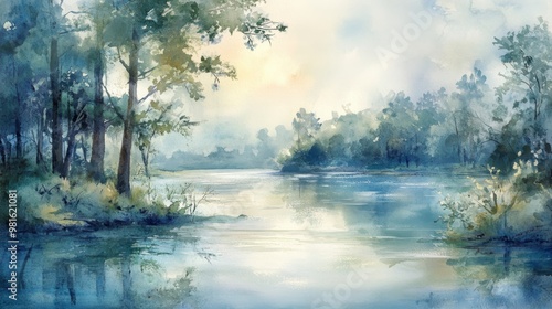 Watercolor painting of a river through a forest.