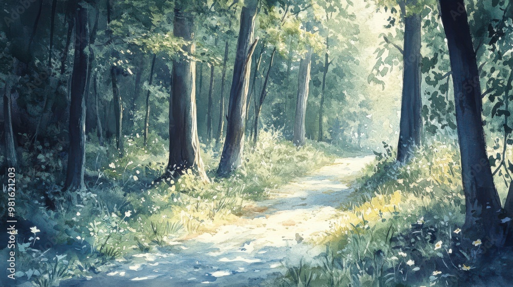 Obraz premium Sunlight through trees on a forest path.