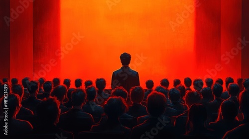 A silhouetted figure stands before an audience, illuminated by a striking red backdrop.