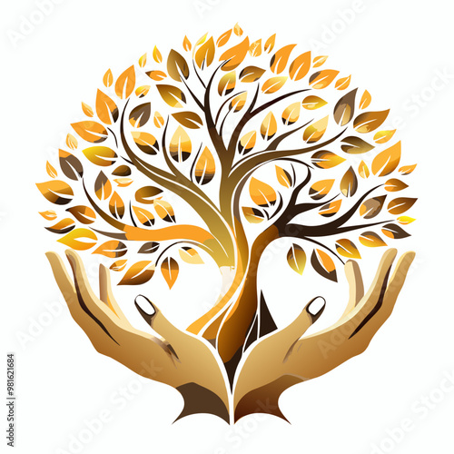 Golden hands embracing a colorful tree with autumn leaves symbolizing growth and unity on a white background