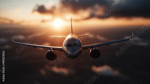 A stunning view of an airplane flying at sunset over an expansive oceanic landscape, illustrating the beauty of flight and the grandeur of the setting sun meeting the sea. photo