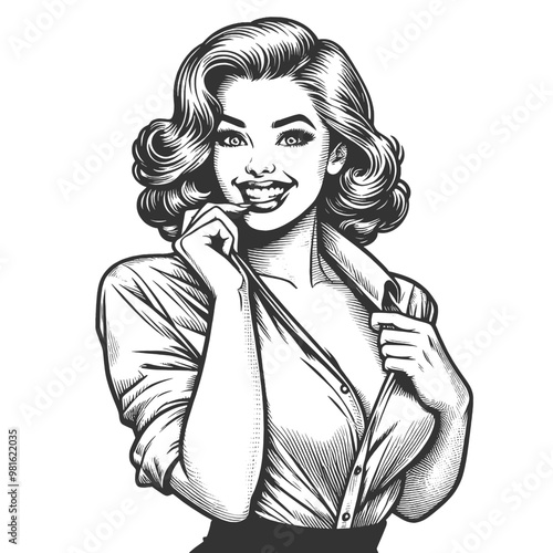 Playful smiling beautiful young woman flirty biting her little finger sketch engraving generative ai fictional character vector illustration. Scratch board imitation. Black and white image.