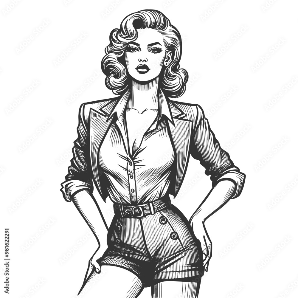 Obraz premium pin-up woman in blazer and high-waisted shorts, vintage style and bold femininity sketch engraving generative ai fictional character vector illustration. Scratch board imitation. Black and white image