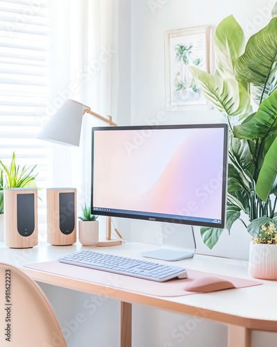 Stylish home office setup featuring a modern computer, plants, and a sleek desk in a bright, inviting space.