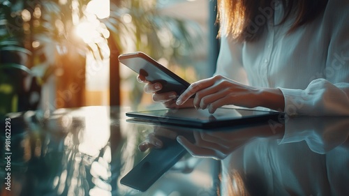 Close up, business woman using mobile smart phone on glass table with reflection and sunlight. Woman using smartphone during working at office with digital tablet on table, generative ai