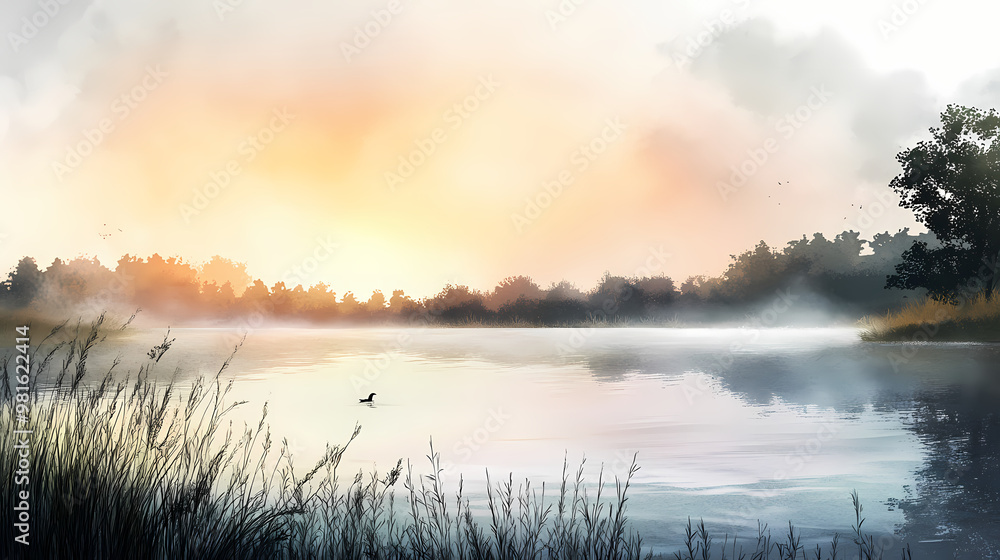A serene landscape at dawn, with morning mist hanging over a calm lake in a watercolor style. Serene. Illustration A serene landscape at dawn, with morning mist hanging over a calm lake in a watercolor style. Serene. Illustration