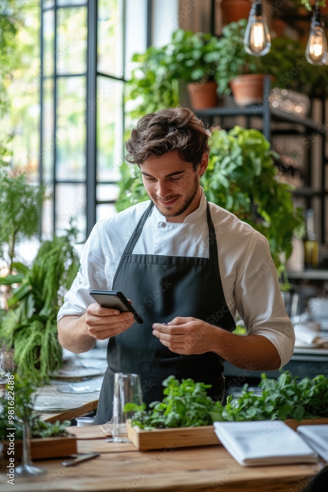 Attractive Young Waiter in Apron Working in an Upscale Restaurant Attractive Young Waiter in Apron Working in an Upscale Restaurant