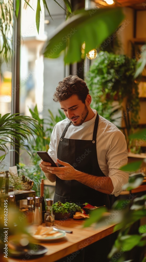 Attractive Young Waiter in Apron Working in an Upscale Restaurant Attractive Young Waiter in Apron Working in an Upscale Restaurant