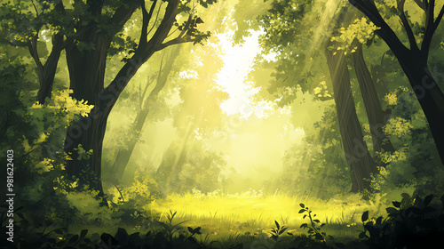 A serene forest with sunlight filtering through the trees, gentle mist, and lush greenery, illustration background. Serene. Illustration photo