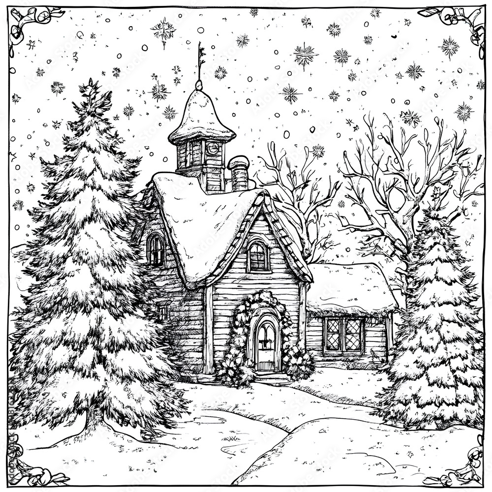 Black and white coloring page with church in the snow forest on holidays with Christmas vibe Black and white coloring page with church in the snow forest on holidays with Christmas vibe