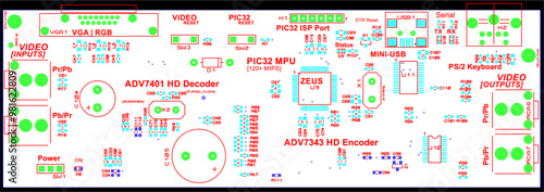 Placement of components of radio elements (contact
pads and seats) on printed circuit
board of electronic device.
Vector engineering 
drawing of pcb. Electric background. 
Computer technic cad design.