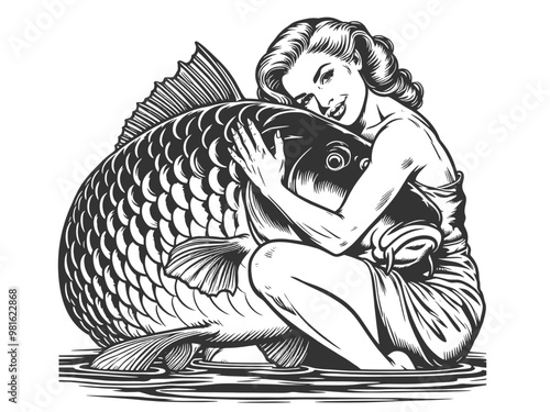 pin-up woman hugging a giant carp fish, playful and surreal sketch engraving generative ai fictional character vector illustration. Scratch board imitation. Black and white image.