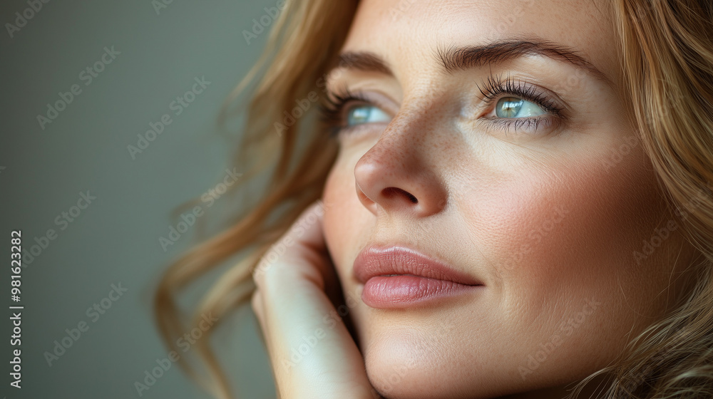 Obraz premium Beautiful mid age woman with beautiful skin. Anti age treatment ad, laser face rejuvenation