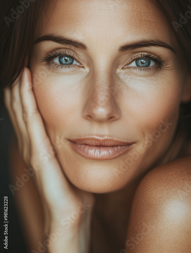 Beautiful mid age woman with beautiful skin. Anti age treatment ad, laser face rejuvenation