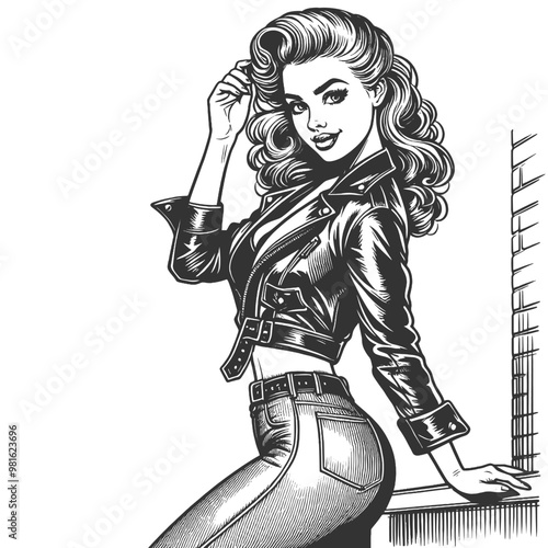 pin-up girl wearing a leather jacket and jeans, exuding a rebellious, retro vibe sketch engraving generative ai fictional character vector illustration. Scratch board imitation. Black and white image.