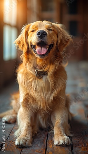 A golden retriever exudes joy while sitting on a wooden floor indoors, showcasing its friendly demeanor and warm expression, bathed in soft natural light from nearby windows.