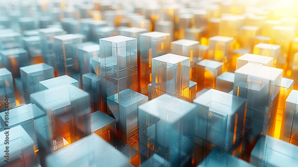 Obraz premium Numerous translucent cubes reflect warm light, creating an abstract urban setting
