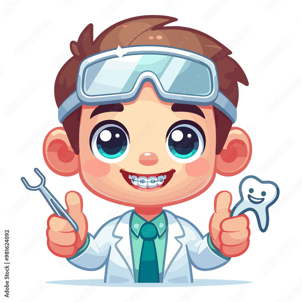 A cartoon dentist is holding a toothbrush and a pair of pliers. He is smiling and giving thumbs up A cartoon dentist is holding a toothbrush and a pair of pliers. He is smiling and giving thumbs up
