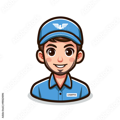 A cartoon man with a blue hat and blue shirt with the word logistics on his shirt. He is smiling and looking at the camera