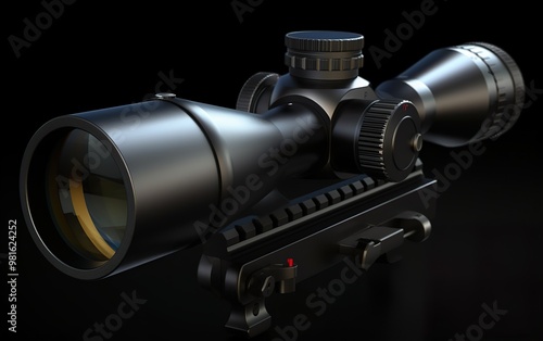 A detailed closeup view of a sniper scope resting on a black background