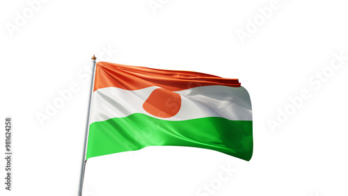 flag of niger on a transparent background, waving in the wind, national symbol of niger, african country, tall flagpole, no background, transparent png photo