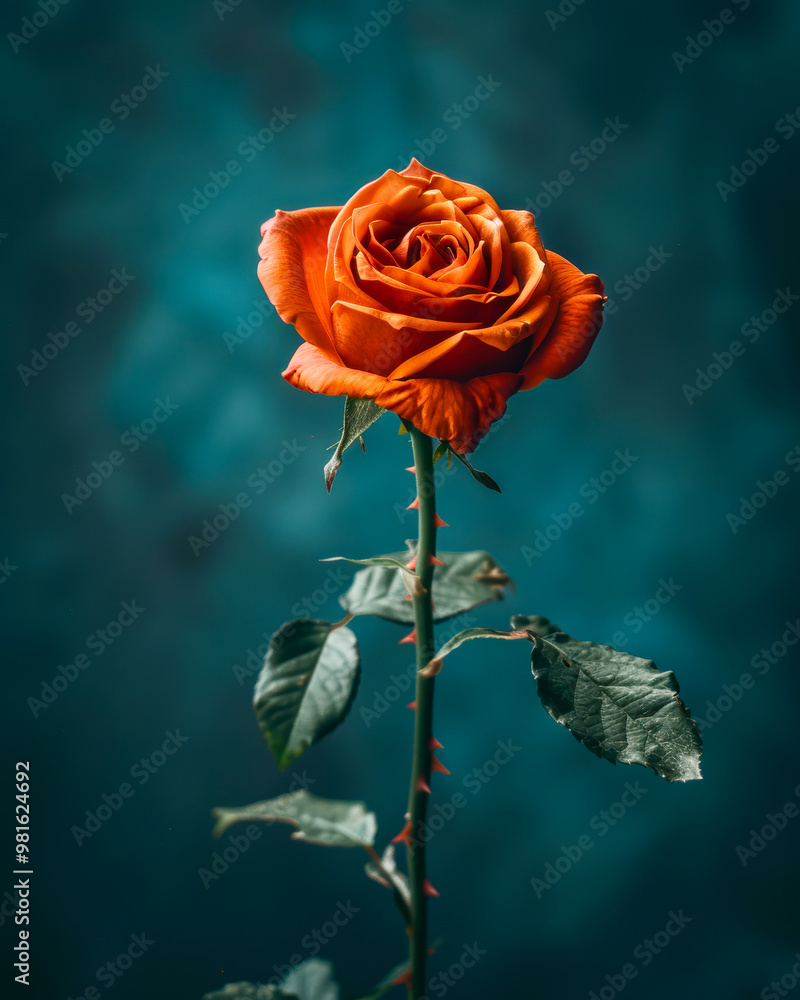 A single orange rose embodies beauty and elegance, reaching upward with its lush green leaves against a soft blue-green backdrop, creating a striking visual contrast in daylight. A single orange rose embodies beauty and elegance, reaching upward with its lush green leaves against a soft blue-green backdrop, creating a striking visual contrast in daylight.