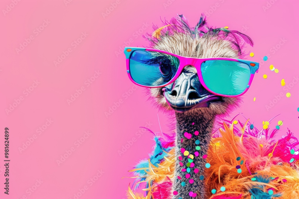 A colorful ostrich with a blue head and yellow and pink feathers, generative ai image A colorful ostrich with a blue head and yellow and pink feathers, generative ai image