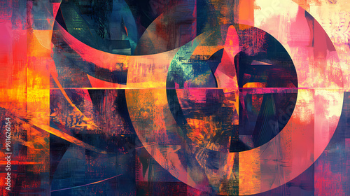 Abstract painting with geometric forms figurative drawings retro expressionism elongated figures restrained expressionism wallpaper background digital art. Expressionism. Illustration