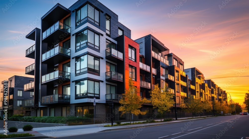 A modern apartment building with balconies and large windows stands against a colorful sunset sky. A modern apartment building with balconies and large windows stands against a colorful sunset sky.