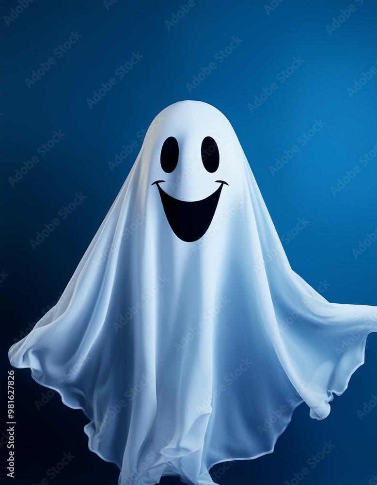Floating ghost with mischievous grin on midnight blue background Floating ghost with mischievous grin on midnight blue background