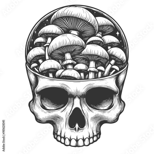 human skull with mushrooms growing inside, blending natural elements with macabre, surreal imagery sketch engraving generative ai vector illustration. Scratch board imitation. Black and white image.