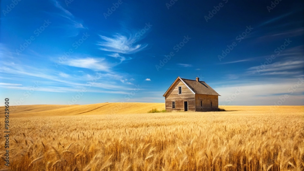 A solitary house stands in the middle of a vast golden wheat field under a clear blue sky, symbolizing rural depopulation and the abandonment of countryside villages. The image evokes a feeling of iso A solitary house stands in the middle of a vast golden wheat field under a clear blue sky, symbolizing rural depopulation and the abandonment of countryside villages. The image evokes a feeling of iso
