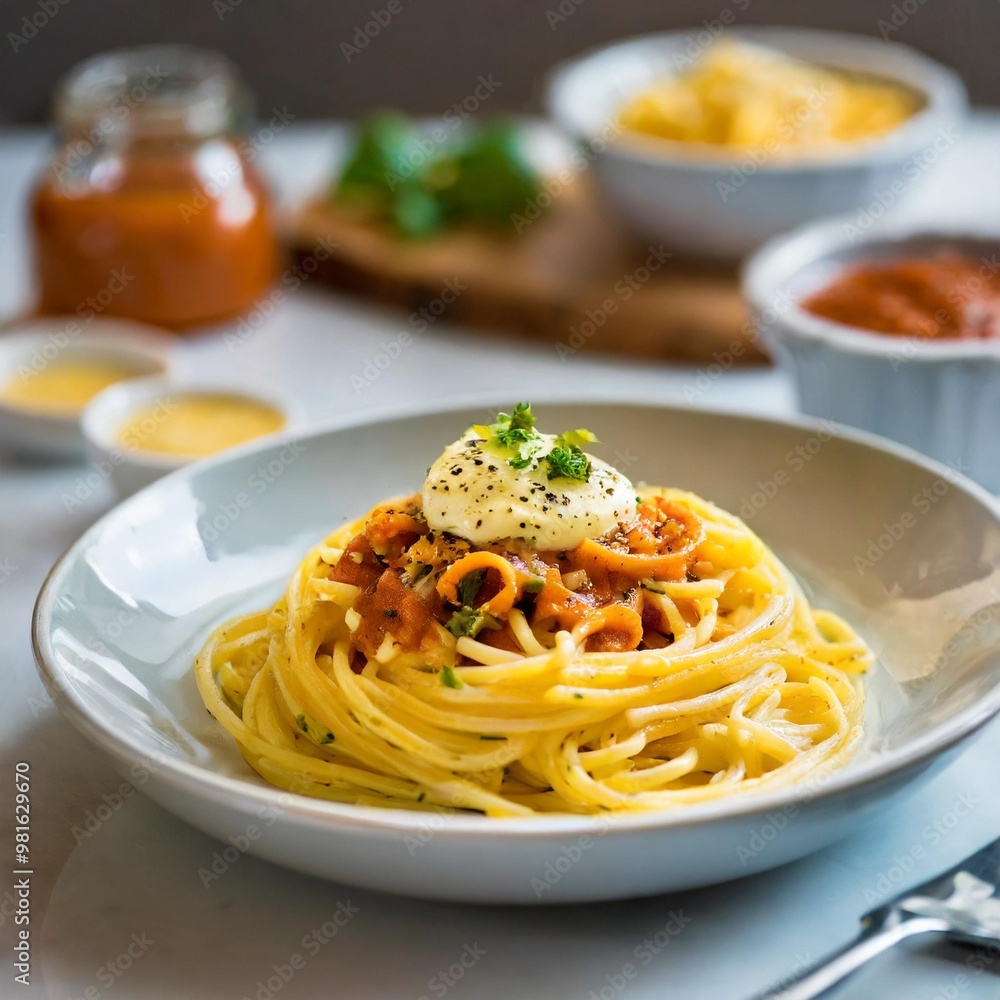 Gourmet lunch pasta with depth of field highlighting al dente noodles and rich sauces Gourmet lunch pasta with depth of field highlighting al dente noodles and rich sauces