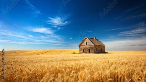 A solitary house stands in the middle of a vast golden wheat field under a clear blue sky, symbolizing rural depopulation and the abandonment of countryside villages. The image evokes a feeling of iso