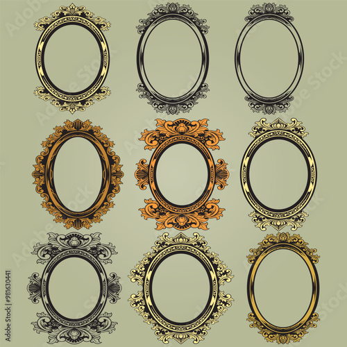 Decorative oval vintage frames and borders set. Victorian and baroque style design. Elegant royal-style frame shapes with swirls for labels,tags and invitations. illustration Vector 