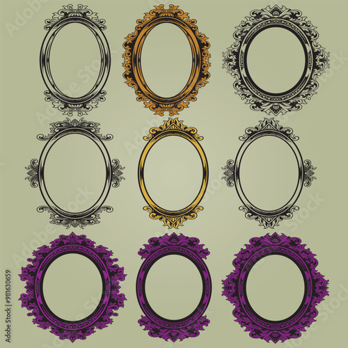 Decorative oval vintage frames and borders set. Victorian and baroque style design. Elegant royal-style frame shapes with swirls for labels,tags and invitations. illustration Vector 