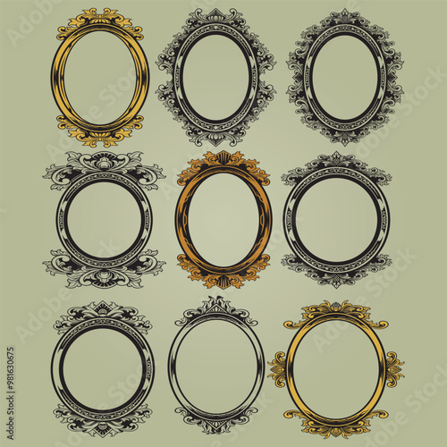 Decorative oval vintage frames and borders set. Victorian and baroque style design. Elegant royal-style frame shapes with swirls for labels,tags and invitations. illustration Vector 