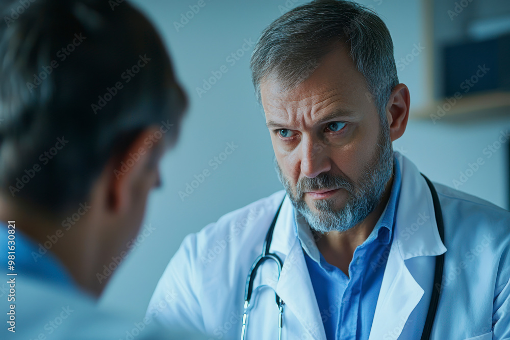 A doctor and a patient. The physician, wearing a white medical coat over a blue shirt. A doctor and a patient. The physician, wearing a white medical coat over a blue shirt.