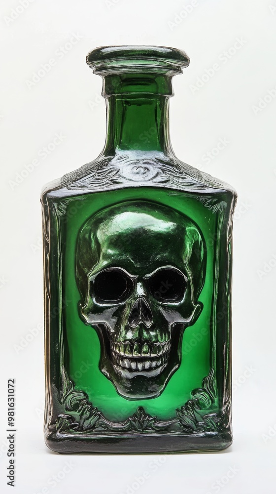 Green glass bottle with embossed skull design Green glass bottle with embossed skull design