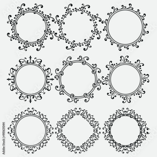 Decorative oval vintage frames and borders set. Victorian and baroque style design. Elegant royal-style frame shapes with swirls for labels,tags and invitations. illustration Vector 