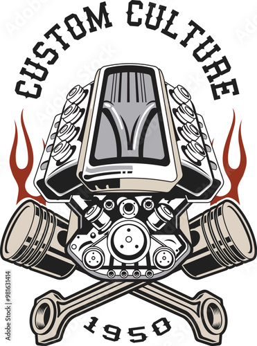 Tshirt with a hot rod engine in vintage style on the white background