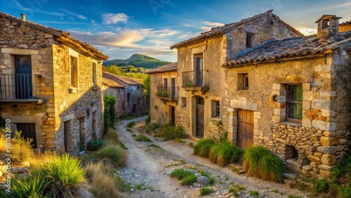 A nearly abandoned Spanish village with crumbling stone houses and overgrown streets, set in a dry, golden landscape under the warm afternoon sun. It symbolizes rural depopulation and fading communiti
