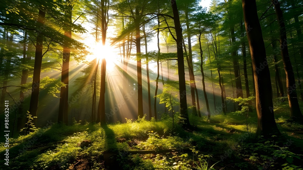 Obraz premium Sunlight filters through tall trees in a lush forest during early morning hours, creating a serene and peaceful atmosphere