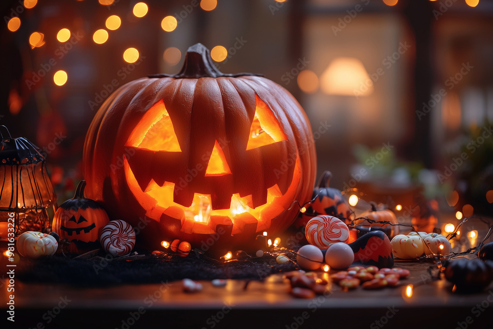 Spooky Halloween Pumpkin with Glowing Face and Decorations Spooky Halloween Pumpkin with Glowing Face and Decorations