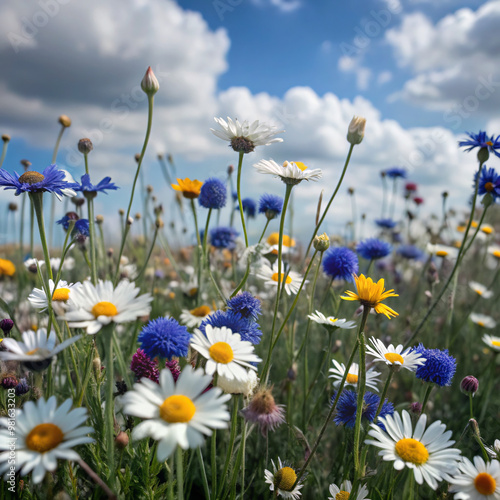 field of daisiesflower, spring, nature, daisy, field, grass, meadow, summer, yellow, flowers, plant, white, dandelion, daffodil, garden, blossom, sky, season, chamomile, camomile, landscape, narcissus